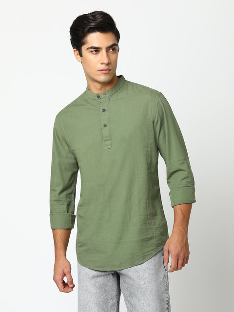 Olive Solid Cotton Shirt Kurta - Kurta - 240126563