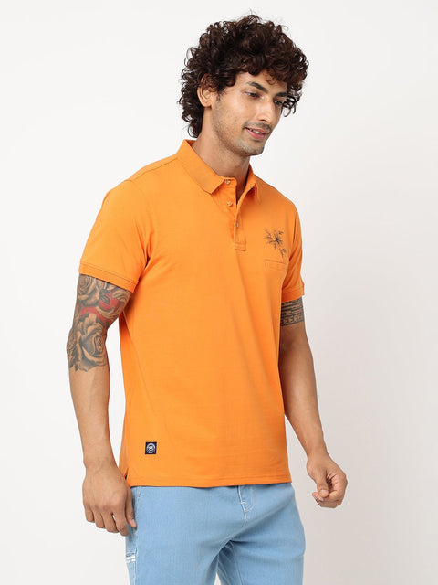 Orange Printed Polo Collar T-shirt - T-Shirt - 230300246