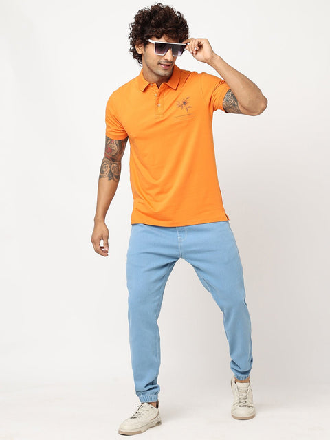 Orange Printed Polo Collar T-shirt - T-Shirt - 230300246