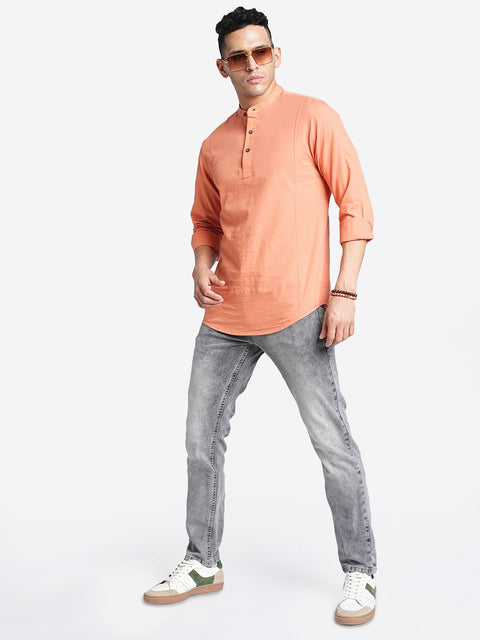 Orange Solid Cotton Shirt Kurta - Kurta - 240126558