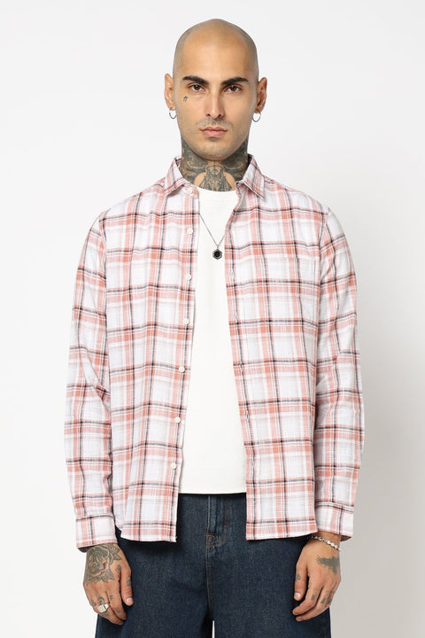 PEACH CHECKERED COTTON SLUB SHIRT-Shirt - 250731772