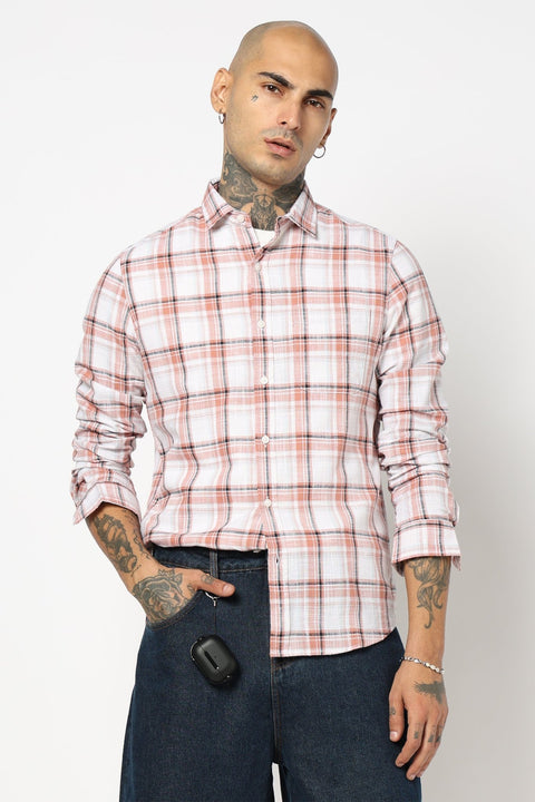 PEACH CHECKERED COTTON SLUB SHIRT-Shirt - 250731772