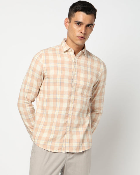 Peach Checkered Tailored Fit Shirt - Shirts - 250531193