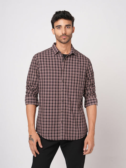 PEACH MELANGE CHECKERED OXFORD SHIRT-Shirt - 251032908
