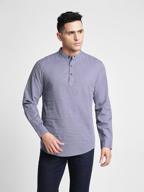 Pewter Solid Cotton Kurta Shirt - Kurta - 240126508