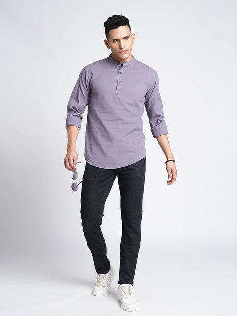 Pewter Solid Cotton Kurta Shirt - Kurta - 240126508