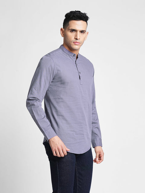 Pewter Solid Cotton Kurta Shirt - Kurta - 240126508