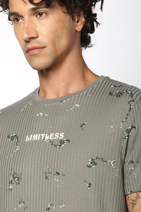 Printed Textured Round Neck T-shirt - T-Shirt - 2409300733