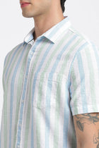 Teal Blue Striped Cotton Shirt - Shirt - 240527926