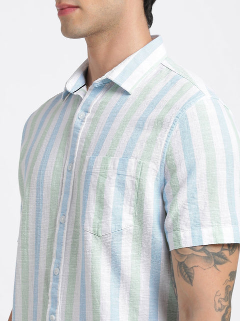 Teal Blue Striped Cotton Shirt - Shirt - 240527926