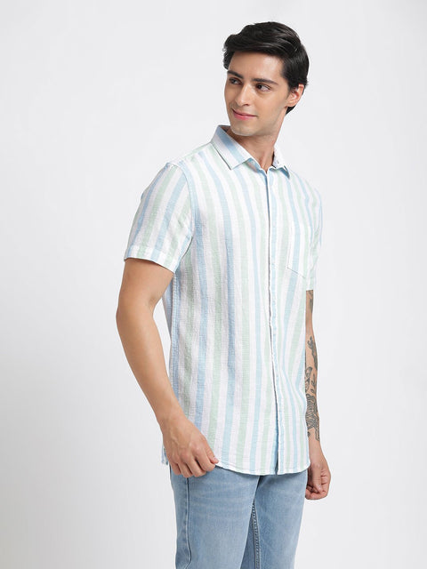 Teal Blue Striped Cotton Shirt - Shirt - 240527926