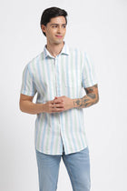 Teal Blue Striped Cotton Shirt - Shirt - 240527926