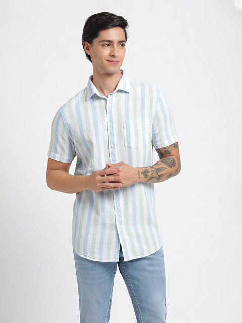 Teal Blue Striped Cotton Shirt - Shirt - 240527926