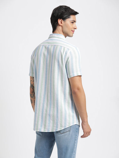 Teal Blue Striped Cotton Shirt - Shirt - 240527926