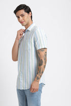 Teal Blue Striped Cotton Shirt - Shirt - 240527926