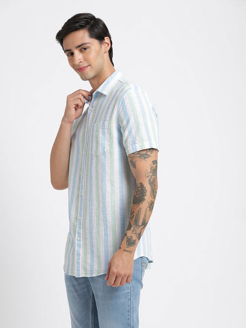 Teal Blue Striped Cotton Shirt - Shirt - 240527926