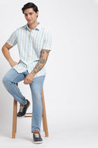 Teal Blue Striped Cotton Shirt - Shirt - 240527926