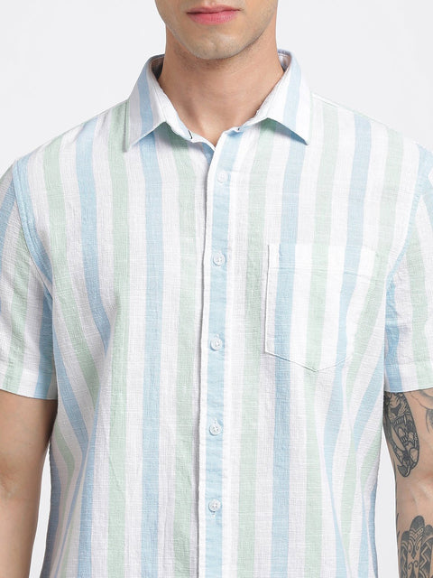 Teal Blue Striped Cotton Shirt - Shirt - 240527926