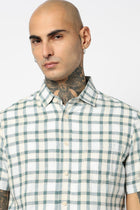TEAL CHECKERED HALF SLEEVE LINEN BLEND SHIRT-Shirt - 250431128