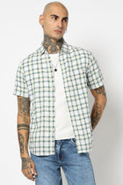 TEAL CHECKERED HALF SLEEVE LINEN BLEND SHIRT-Shirt - 250431128