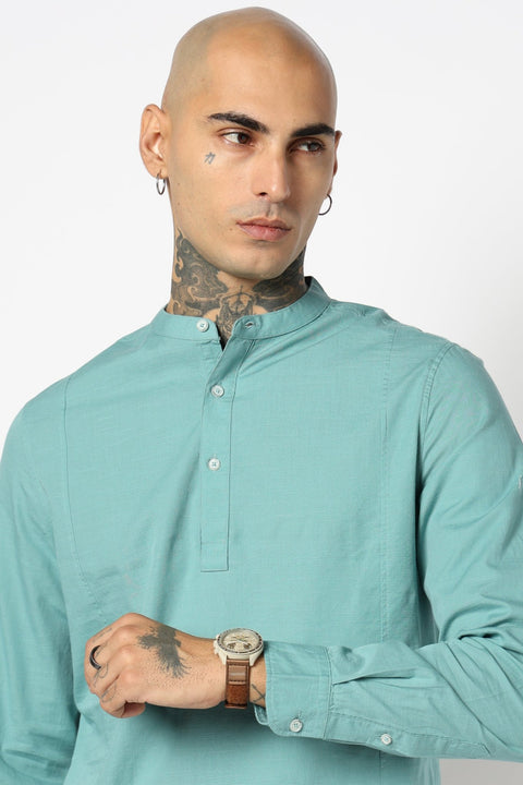 TURQUISE PLAIN MANDARIN COLLAR KURTA - Kurta - 240126533
