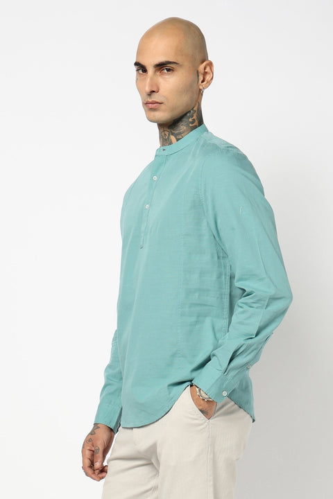TURQUISE PLAIN MANDARIN COLLAR KURTA - Kurta - 240126533