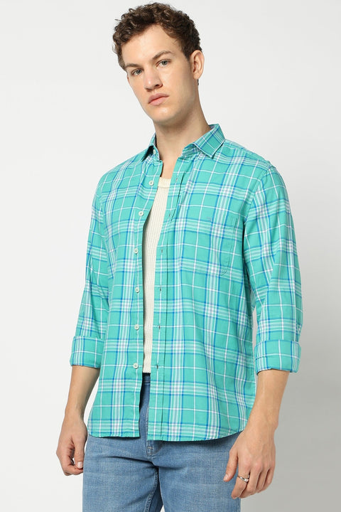Turquoise Checkered Tailored Fit Shirt - Shirts - 241230303