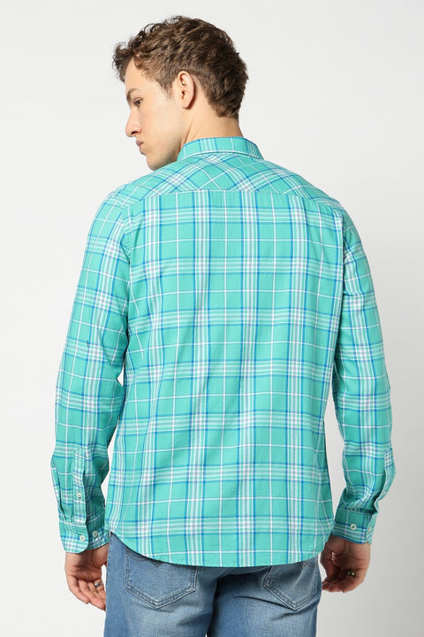 Turquoise Checkered Tailored Fit Shirt - Shirts - 241230303