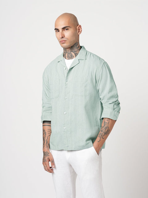 TURQUOISE CUBAN COLLAR RELAXED FIT SHIRT-Shirt - 250932605
