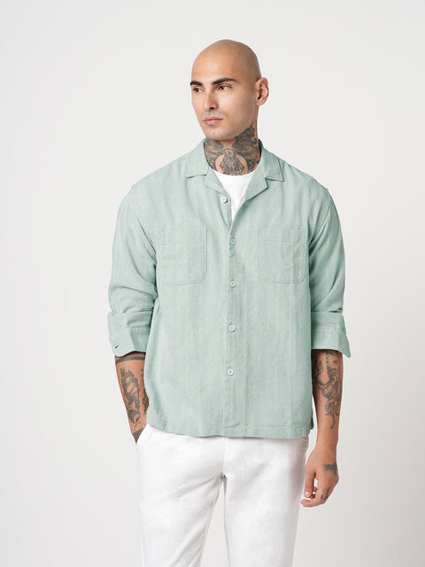 TURQUOISE CUBAN COLLAR RELAXED FIT SHIRT-Shirt - 250932605