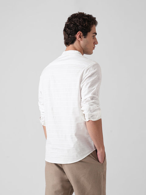WHITE DOBBY STRIPE MANDARIN COLLAR KURTA - Kurta - 260134880