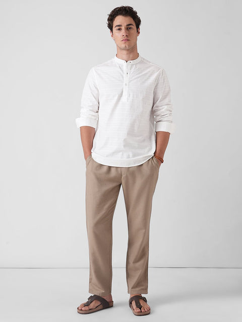 WHITE DOBBY STRIPE MANDARIN COLLAR KURTA - Kurta - 260134880