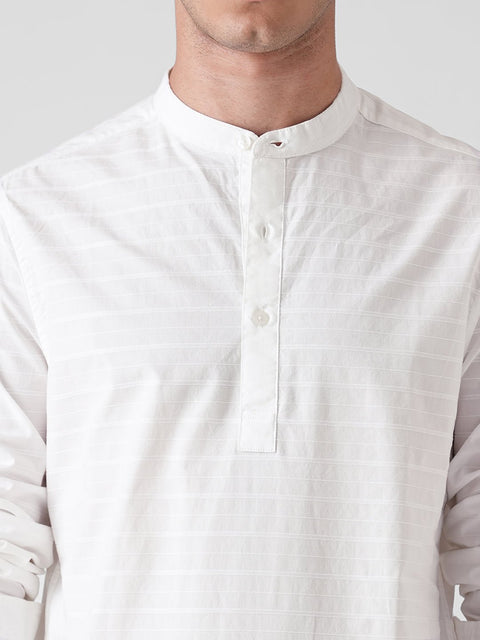 WHITE DOBBY STRIPE MANDARIN COLLAR KURTA - Kurta - 260134880