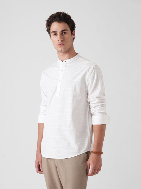 WHITE DOBBY STRIPE MANDARIN COLLAR KURTA - Kurta - 260134880