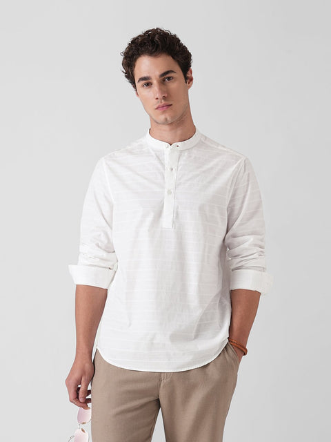 WHITE DOBBY STRIPE MANDARIN COLLAR KURTA - Kurta - 260134880