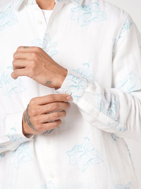 WHITE DOUBLE CLOTH BOTANICAL SHIRT-Shirt - 260134545