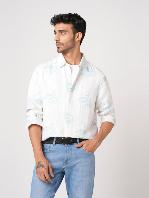 WHITE DOUBLE CLOTH BOTANICAL SHIRT-Shirt - 260134545