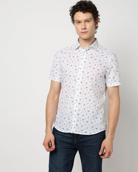 White Floral Print Half Sleeve Shirt - Shirt - 240828632