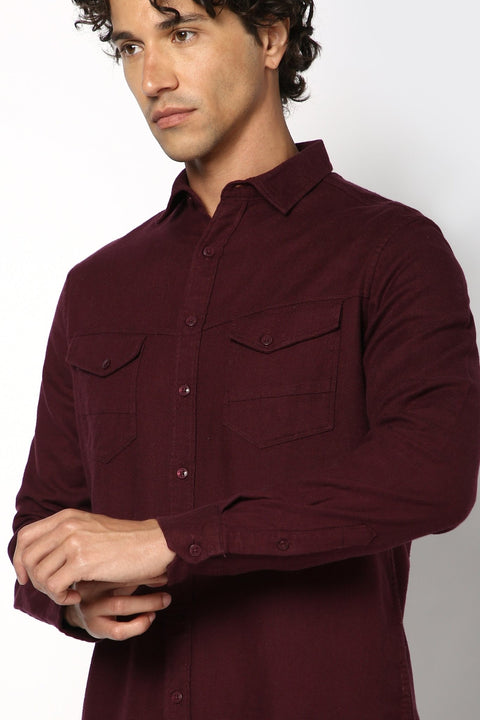 Wine Double Pocket Solid Shirt - Shirt - 241129607