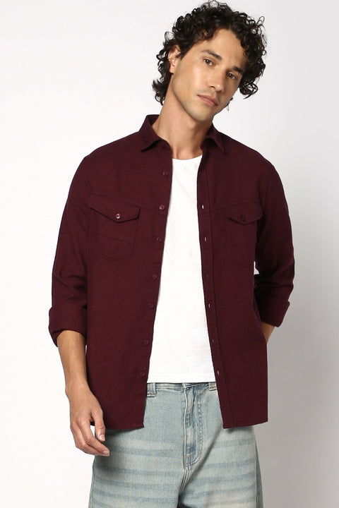 Wine Double Pocket Solid Shirt - Shirt - 241129607