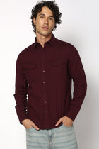 Wine Double Pocket Solid Shirt - Shirt - 241129607