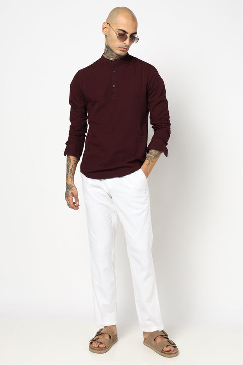 WINE PLAIN MANDARIN COLLAR KURTA - Kurta - 240120031