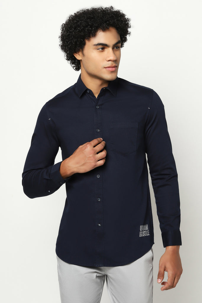 Navy Blue Solid Cotton Shirt