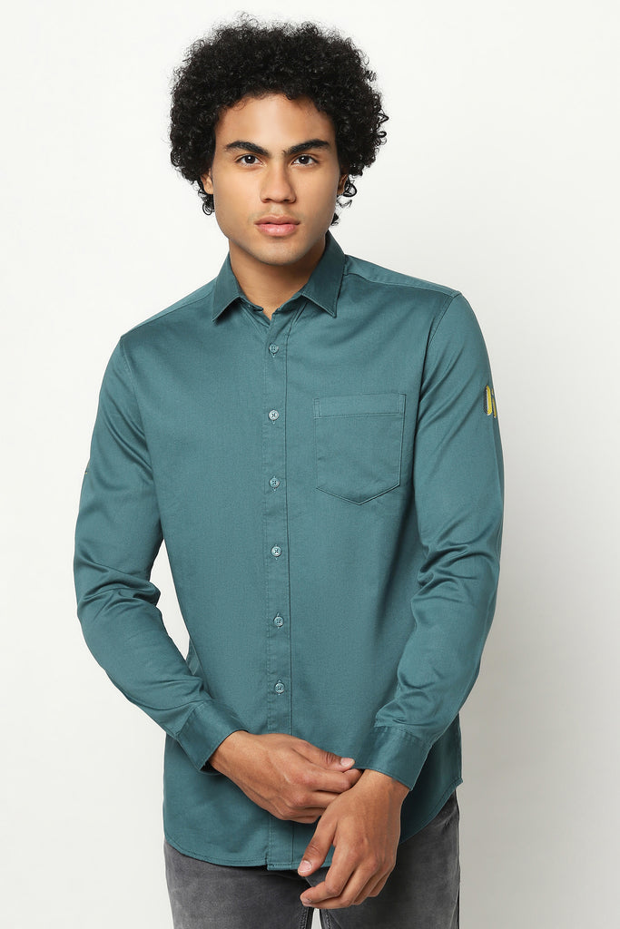 Teal Blue Solid Cotton Shirt