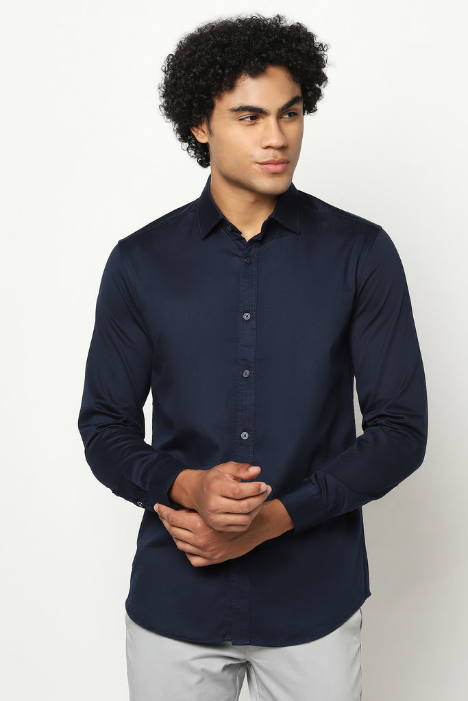 Navy Blue Solid Cotton Shirt