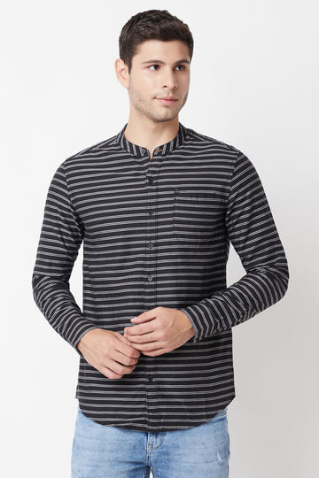 Black Striped Mandarin Collar Shirt