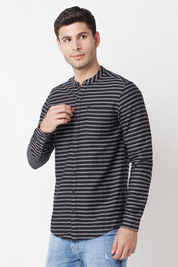 Black Striped Mandarin Collar Shirt
