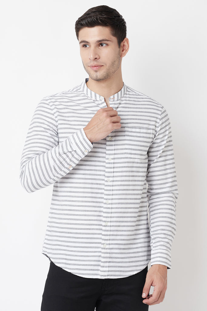 White Striped Mandarin Collar Shirt
