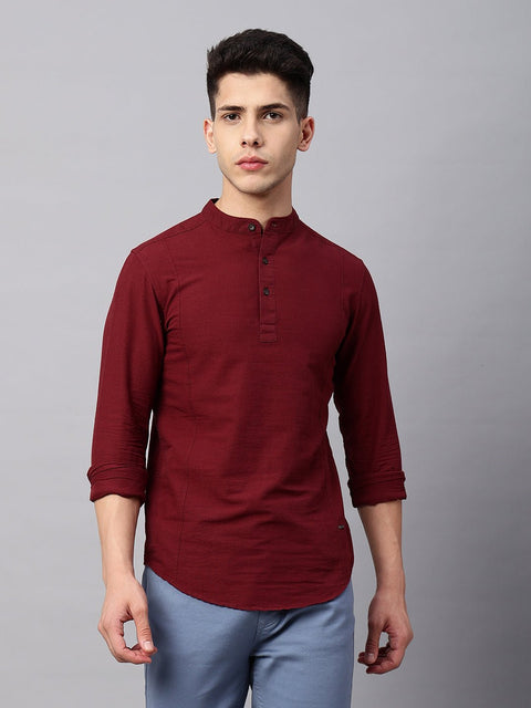 Maroon Mandarin Collar Shirt - Kurta - 221123421